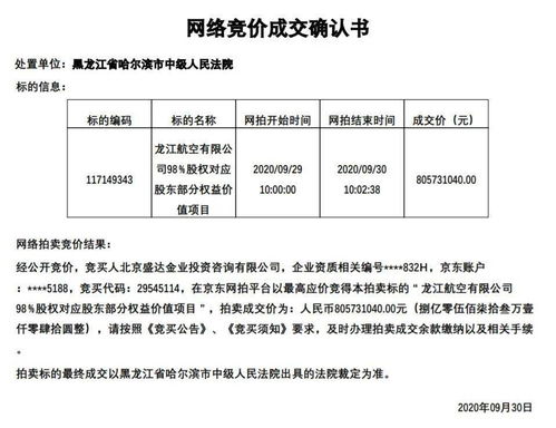 中国民航首家航司拍卖 91次竞价 龙江航空8亿元被拍下